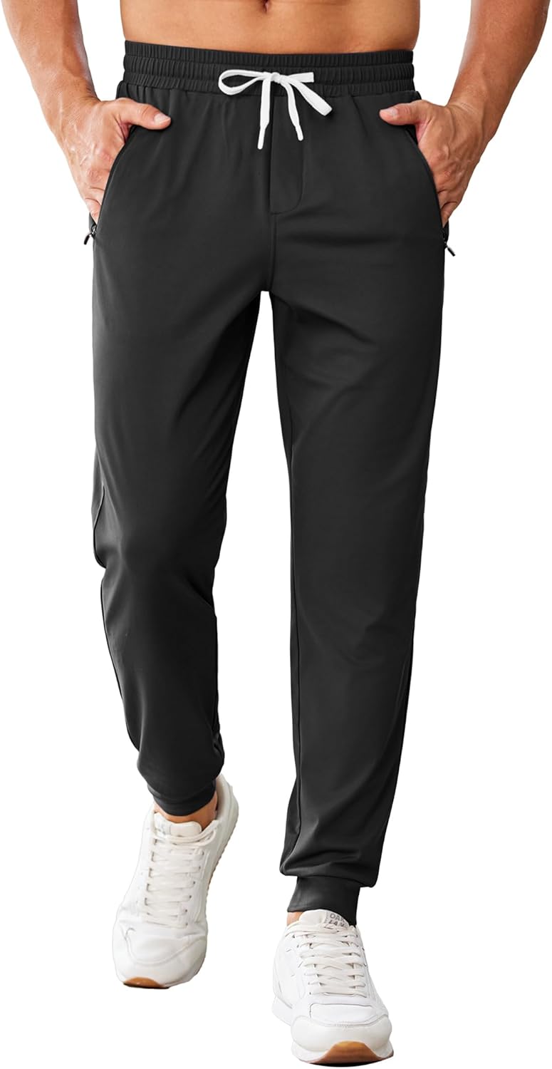 PINSPARK Men’s Joggers with Zipper Pockets Stretch Lightweight Athletic Track Pants Gym Quick Dry Workout Pants for Men
