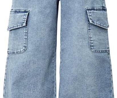 Nivne Tco Tween Girls Cargo Jeans, Straight Leg High Elastic Waistband Distressed Denim Pants with Pockets for Girls Trousers
