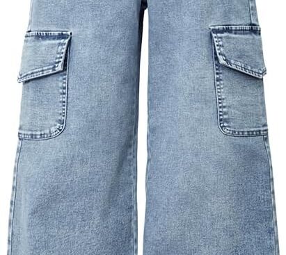 Nivne Tco Tween Girls Cargo Jeans, Straight Leg High Elastic Waistband Distressed Denim Pants with Pockets for Girls Trousers