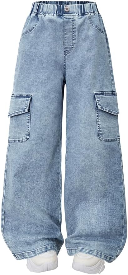 Nivne Tco Tween Girls Cargo Jeans, Straight Leg High Elastic Waistband Distressed Denim Pants with Pockets for Girls Trousers