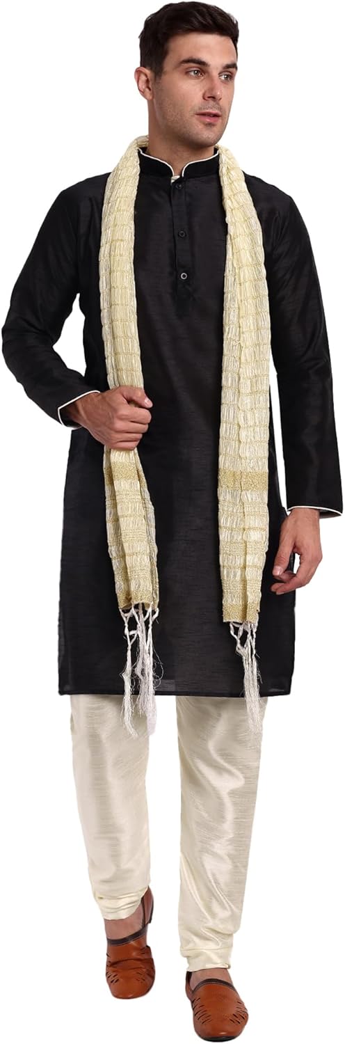 SKAVIJ Men’s Art Silk Indian Ethnic Wear Kurta Pajama and Scarf Suit Festivals Season Party Dress Set