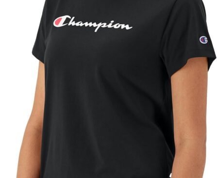 Champion Women’s Classic Short Sleeve Graphic T-Shirt, Standard Fit, Script Logo