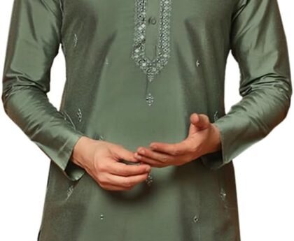 KISAH Men’s Kurta – Mirror Work Embroidery Cotton Blend Tunic with Mandarin Collar, Regular Fit – Indian Wedding Outfit for Men – Festive Wear for Diwali, Eid & Celebrations, Sage, 38
