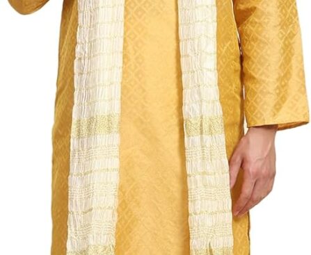 SKAVIJ Men’s Jacquard Silk Kurta Pajama with Dupatta |Festive Long Sleeve Kurta Set for Diwali, Wedding & Special Occasions