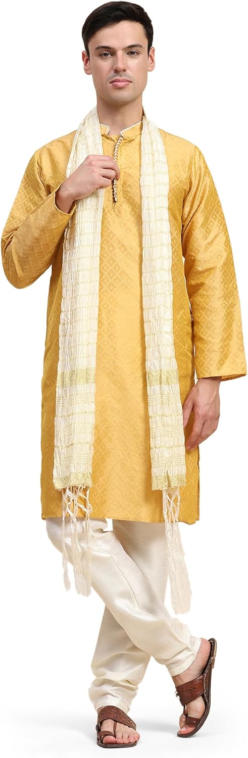 SKAVIJ Men’s Jacquard Silk Kurta Pajama with Dupatta |Festive Long Sleeve Kurta Set for Diwali, Wedding & Special Occasions