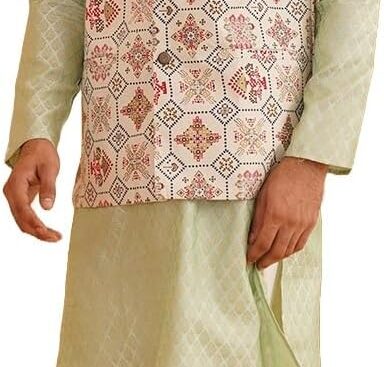 Sojanya (Since 1958 Men’S Silk Blend Self Design Pista Green Kurta With Pyjama & Cream Nehru Jacket