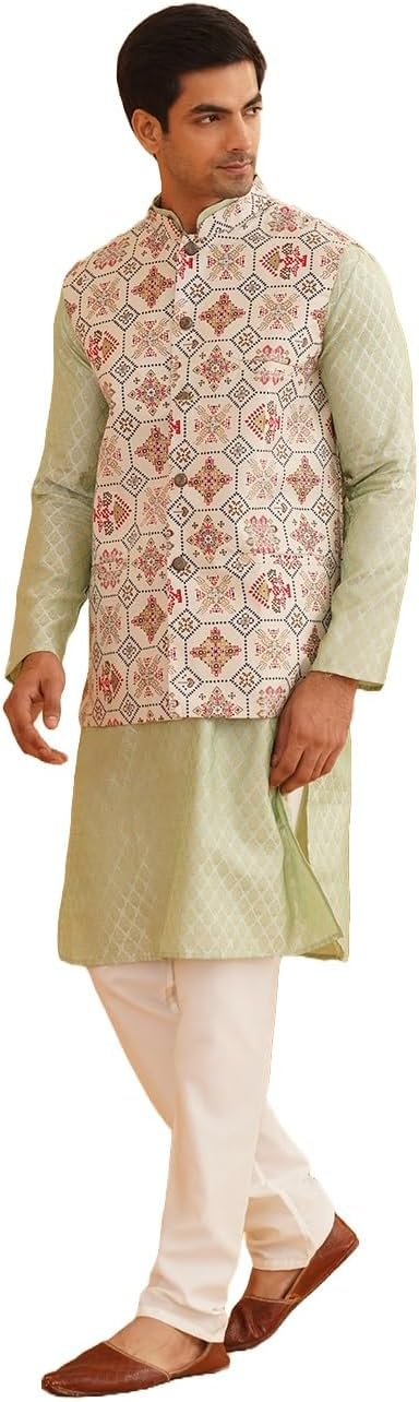 Sojanya (Since 1958 Men’S Silk Blend Self Design Pista Green Kurta With Pyjama & Cream Nehru Jacket
