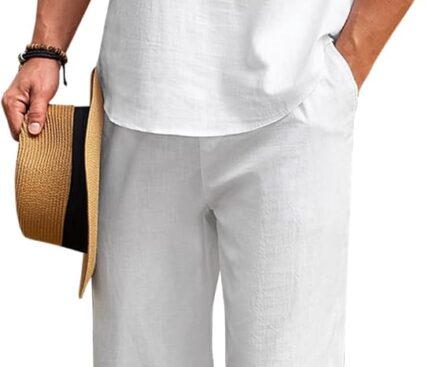 COOFANDY Men’s 2 Pieces Cotton Linen Set Casual Short Sleeve Henley Shirts Beach Yoga Pants Summer Outfits