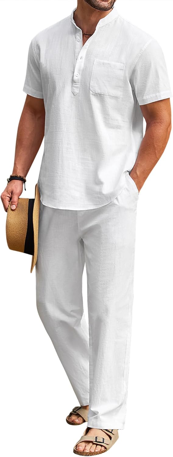 COOFANDY Men’s 2 Pieces Cotton Linen Set Casual Short Sleeve Henley Shirts Beach Yoga Pants Summer Outfits