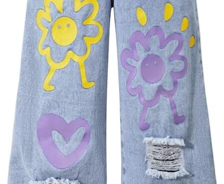 Nivne Tco Tween Girls Wide Leg Jeans, Elastic Wasit Ripped Denim Pants with Pockets, Pattern Print Jeans for Girls
