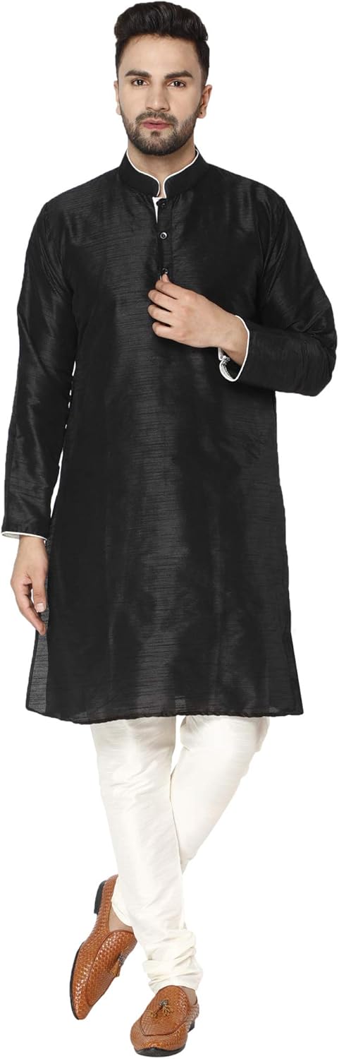 SKAVIJ Mens Indian Kurta Pajama Set Art Silk Evening Attire Casual Trendy Regular Fit Outfit