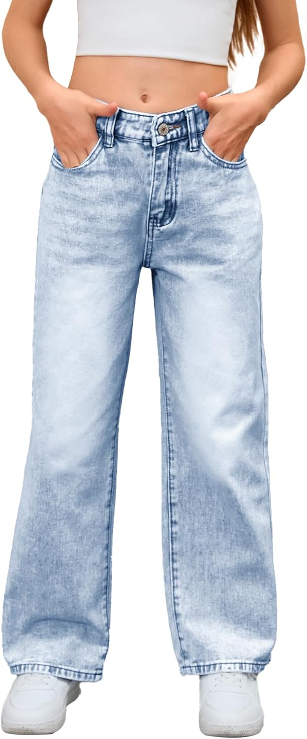 MakeMeChic Girl’s Denim Pants High Waisted Straight Leg Jeans with Pockets