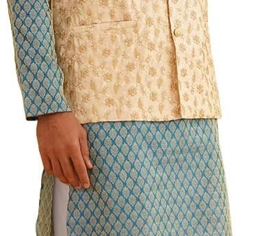 Sojanya (Since 1958 Men’S Silk Blend Peacock Blue Kurta With Pyjama & Beige Nehru Jacket