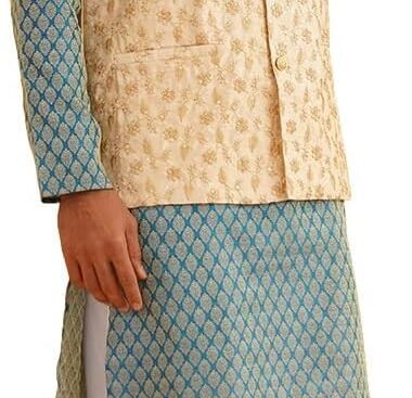 Sojanya (Since 1958 Men’S Silk Blend Peacock Blue Kurta With Pyjama & Beige Nehru Jacket