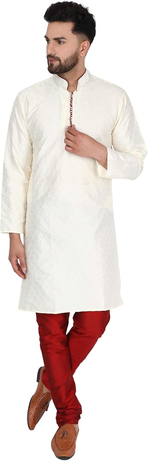 SKAVIJ Men’s Tunic Art Silk Indian Kurta Pajama Wedding Party Festive Season Dress Suit