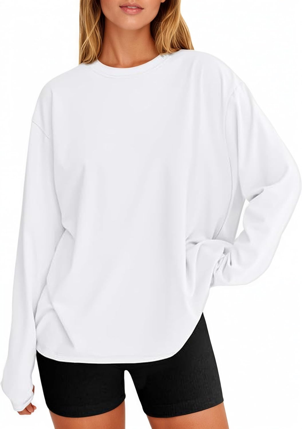 Womens Oversized Long Sleeve Shirts Trendy Crew Neck Baggy Active Basic Tee Spring Workout Tops Y2k Clothing