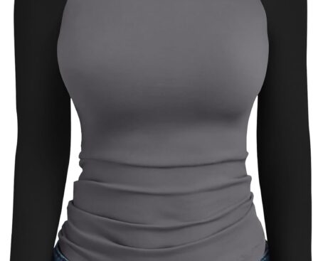 Trendy Queen Women’s Long Sleeve Shirts Slim Fit Stretchy Color Block Slightly Cropped Tops