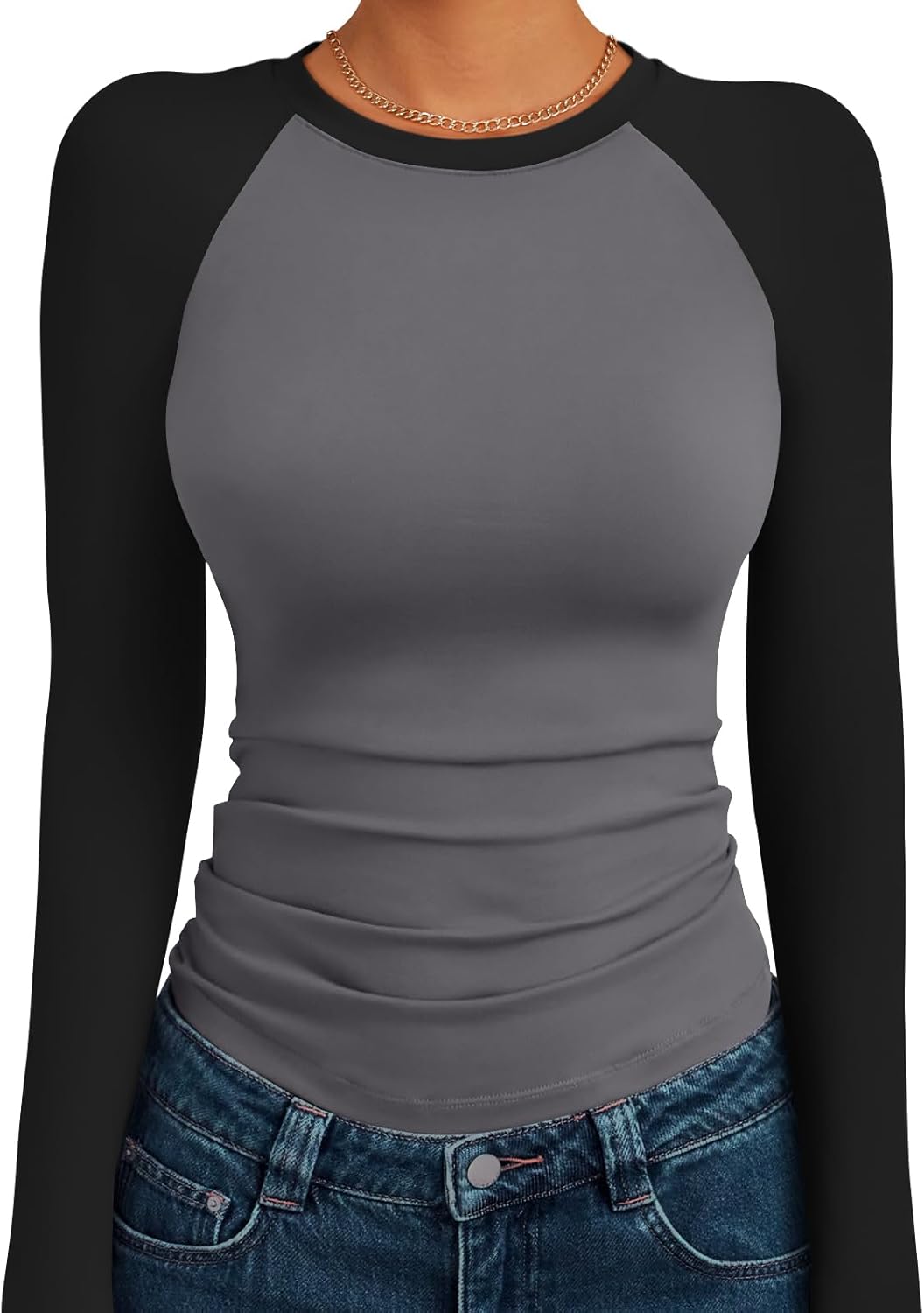Trendy Queen Women’s Long Sleeve Shirts Slim Fit Stretchy Color Block Slightly Cropped Tops