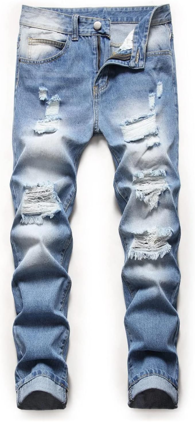 Boy’s Skinny Fit Ripped Destroyed Distressed Stretch Slim Jeans Pants