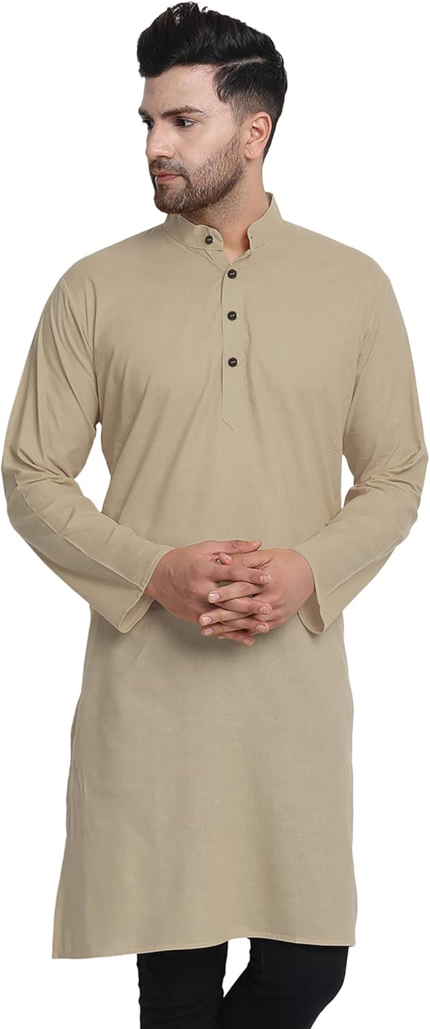 In-Sattva Men’s Indian Classic Banded Collar Pure Cotton Long Kurta Tunic