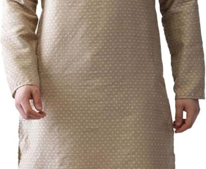KISAH Men’s Kurta – Textured Silk Blend Jacquard Tunic with Mandarin Collar, Regular Fit – Indian Wedding Outfit for Men – Festive Wear for Diwali, Eid & Celebrations, Gold, 40