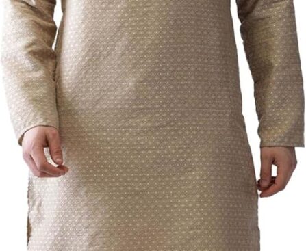 KISAH Men’s Kurta – Textured Silk Blend Jacquard Tunic with Mandarin Collar, Regular Fit – Indian Wedding Outfit for Men – Festive Wear for Diwali, Eid & Celebrations, Gold, 40