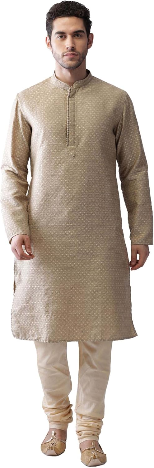 KISAH Men’s Kurta – Textured Silk Blend Jacquard Tunic with Mandarin Collar, Regular Fit – Indian Wedding Outfit for Men – Festive Wear for Diwali, Eid & Celebrations, Gold, 40