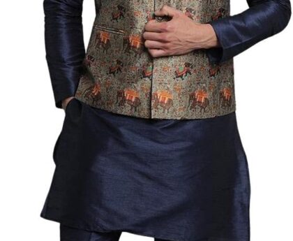 Elina fashion Men’s Indian Cotton Kurta Pajama And Printed Nehru Jacket (Waistcoat) Indian Wedding Ethnic Diwali Puja Set