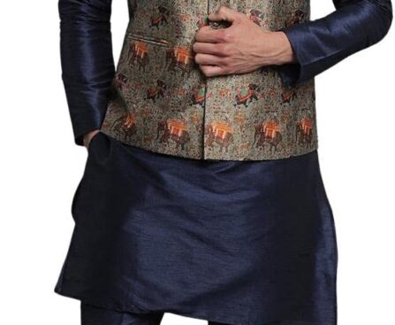 Elina fashion Men’s Indian Cotton Kurta Pajama And Printed Nehru Jacket (Waistcoat) Indian Wedding Ethnic Diwali Puja Set