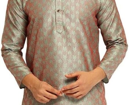 Sojanya (Since 1958 Men’S Jacquard Silk Contrast Red Thread Woven Design Long Kurta