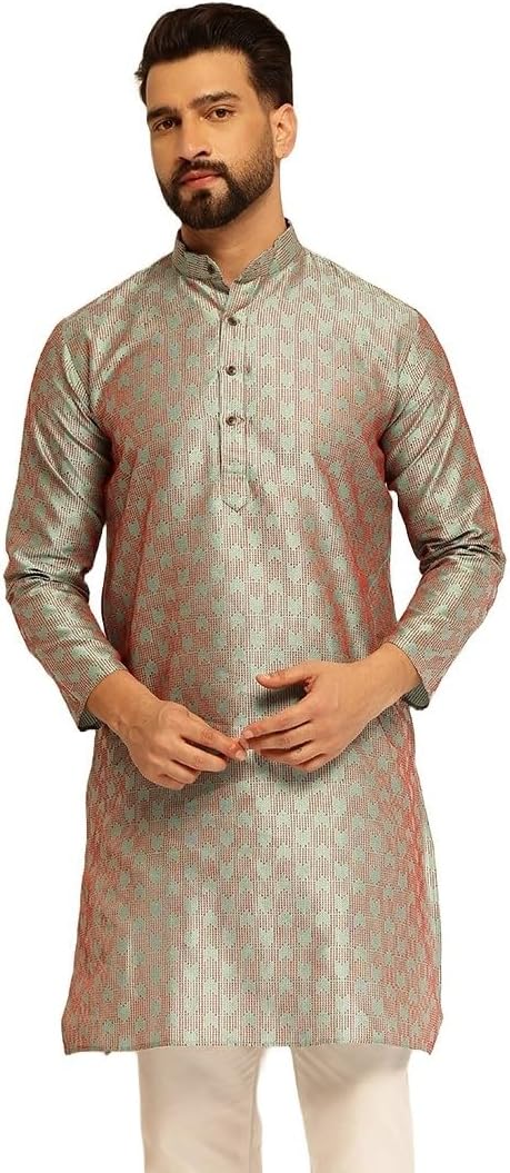 Sojanya (Since 1958 Men’S Jacquard Silk Contrast Red Thread Woven Design Long Kurta