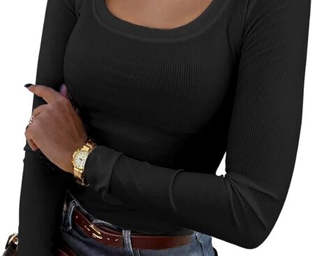 Bluetime Women’s Scoop Neck Long Sleeve T-Shirts Ribbed Knit Casual Tops Tee Slim Fitted Basic Shirts