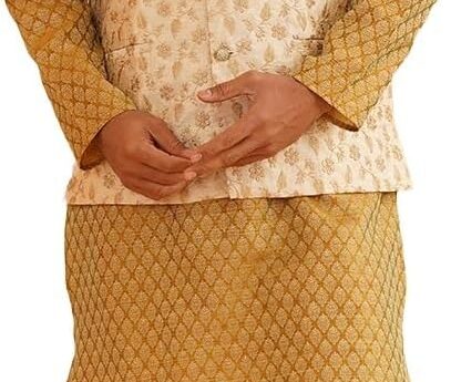 Sojanya (Since 1958 Men’S Silk Blend Self Design Mustard Kurta With Pyjama & Beige Nehru Jacket