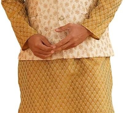 Sojanya (Since 1958 Men’S Silk Blend Self Design Mustard Kurta With Pyjama & Beige Nehru Jacket