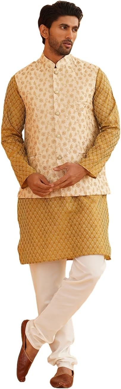 Sojanya (Since 1958 Men’S Silk Blend Self Design Mustard Kurta With Pyjama & Beige Nehru Jacket