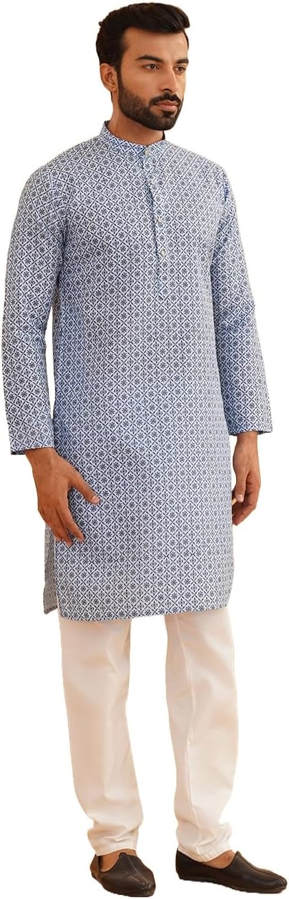 Sojanya (Since 1958 Men’S Cotton Linen Foil Printed Kurta And White Pyjama Set