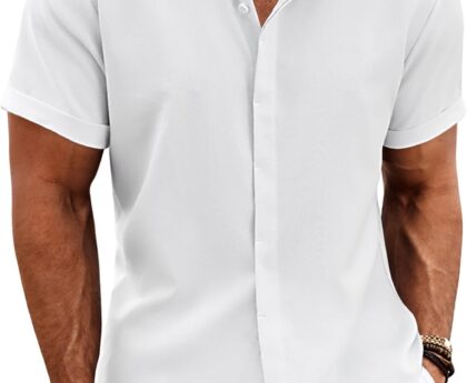 COOFANDY Men’s Linen Shirts Short Sleeve Casual Shirts Button Down Shirt for Men Beach Summer Wedding Shirt