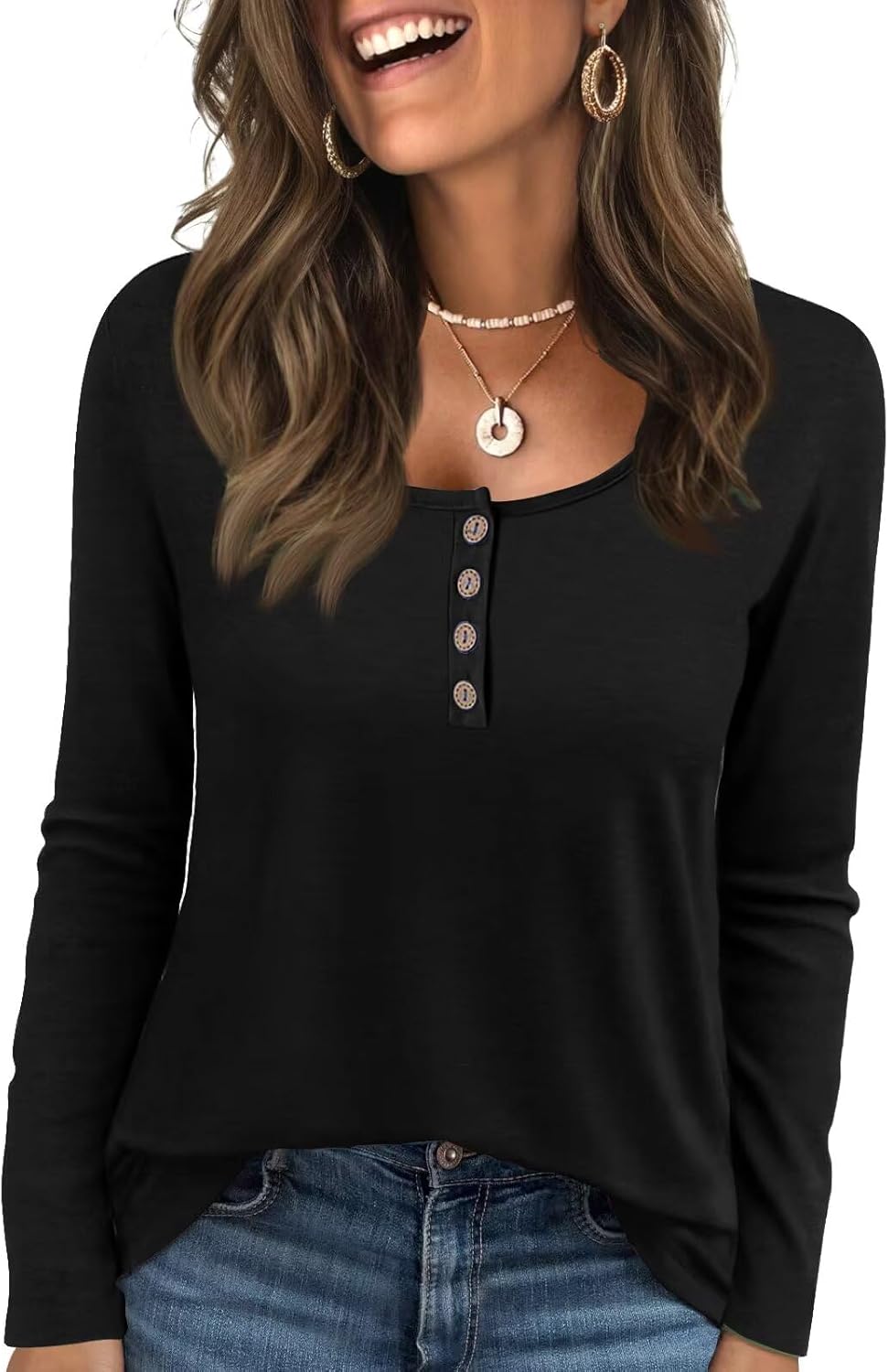 Womens Long Sleeve Tops Henley Loose Casual T Shirts Fall Women’s Clothing Fashion Trendy 2025