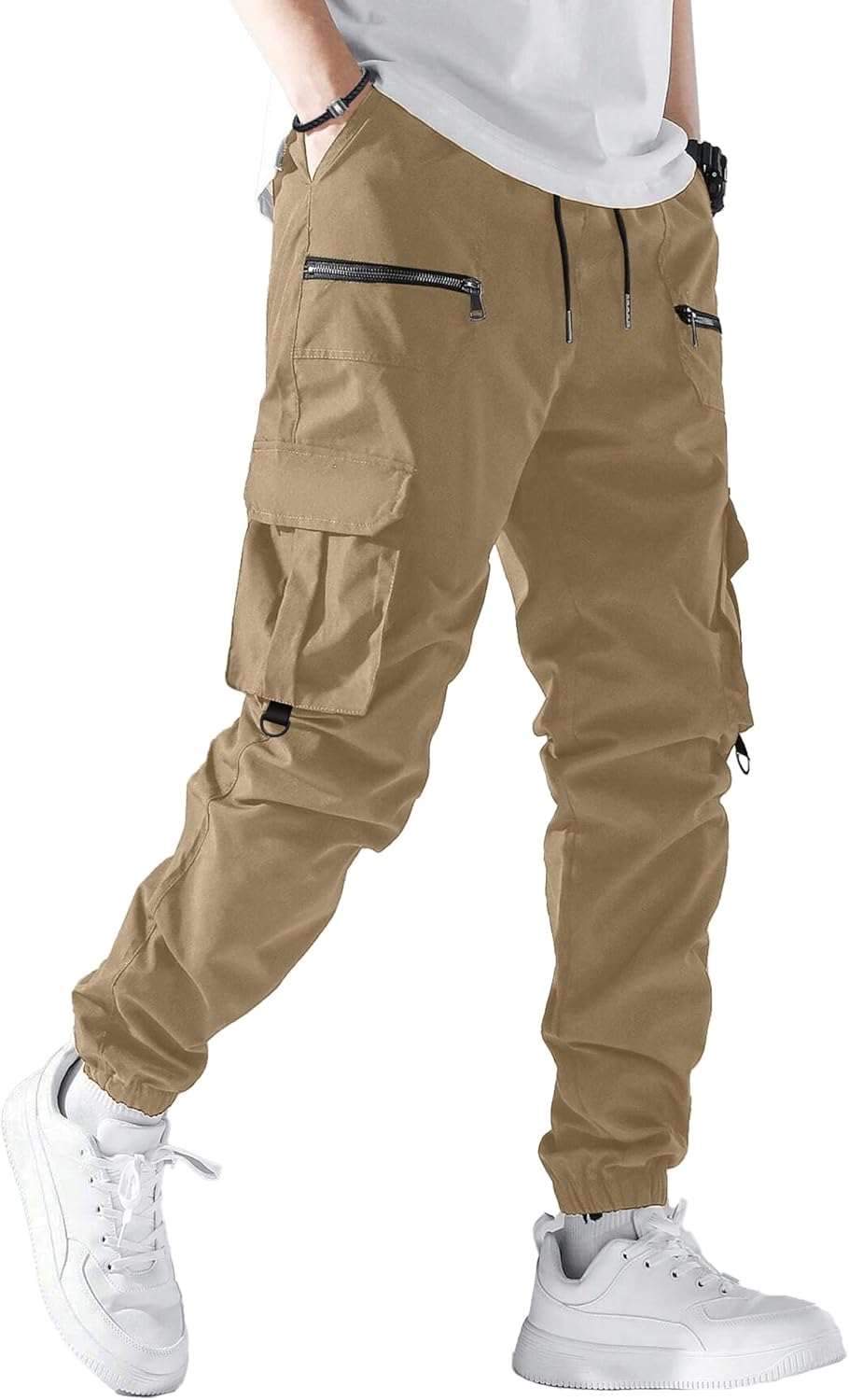 PLEPAN Men’s Casual Cargo Pants Elastic Waist Drawstring Joggers Pants Tapered Sweatpants for Men Multi Pockets