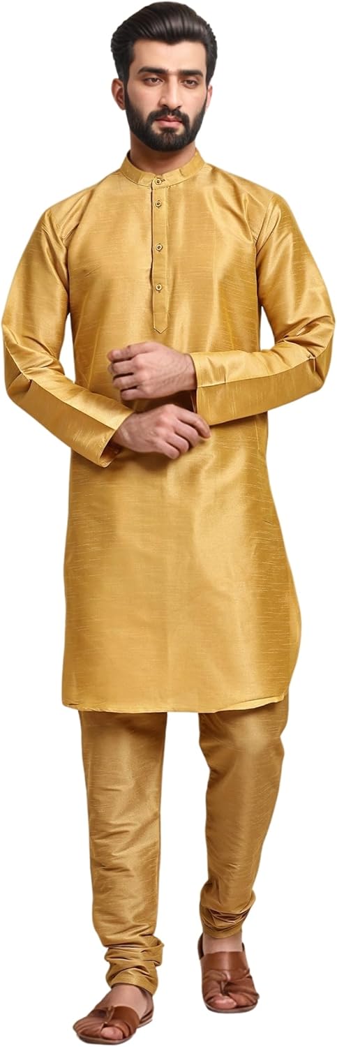 SKAVIJ Men Art Silk Kurta Pyjama Long Sleeve Casual Ethnic Gown Dress Pants Shirt Set