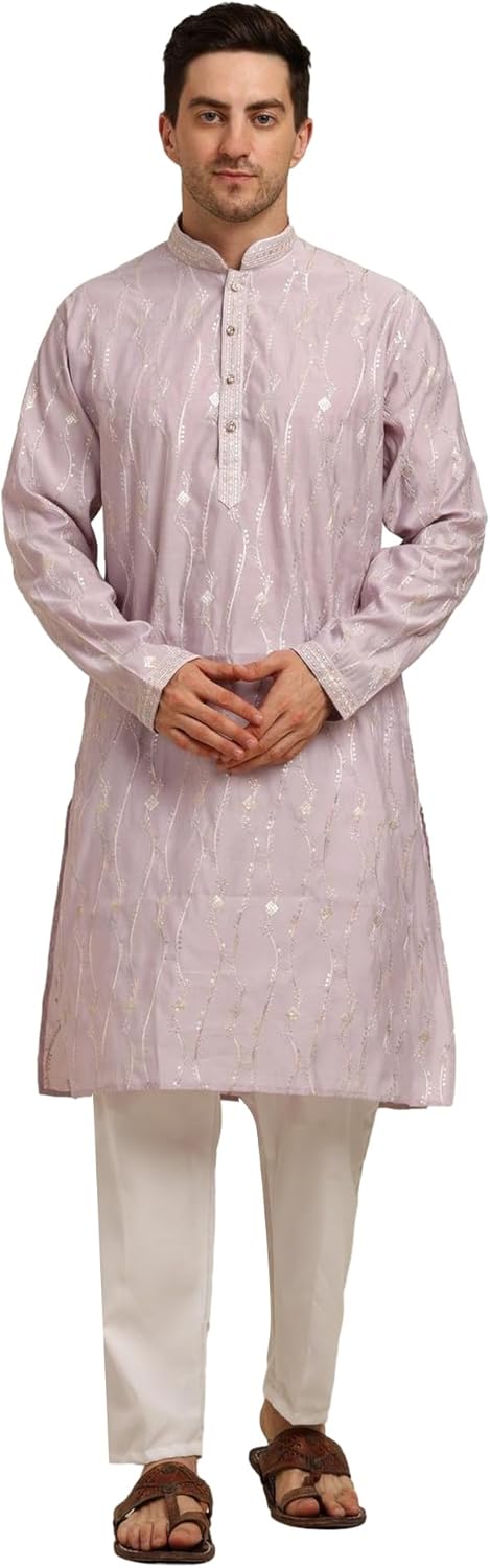 Men’s Ethenic Kurta Pajama Set with Embroidery – Festive & Wedding Wear – Tunic Art Silk – Traditional Indian Outfit