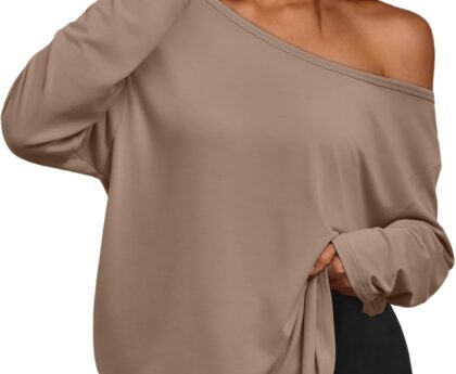 Trendy Queen Womens Off The Shoulder Tops Oversized Tshirts Long Sleeve 2025 Casual Basic Tees
