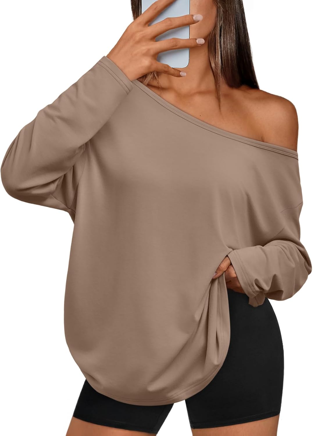 Trendy Queen Womens Off The Shoulder Tops Oversized Tshirts Long Sleeve 2025 Casual Basic Tees