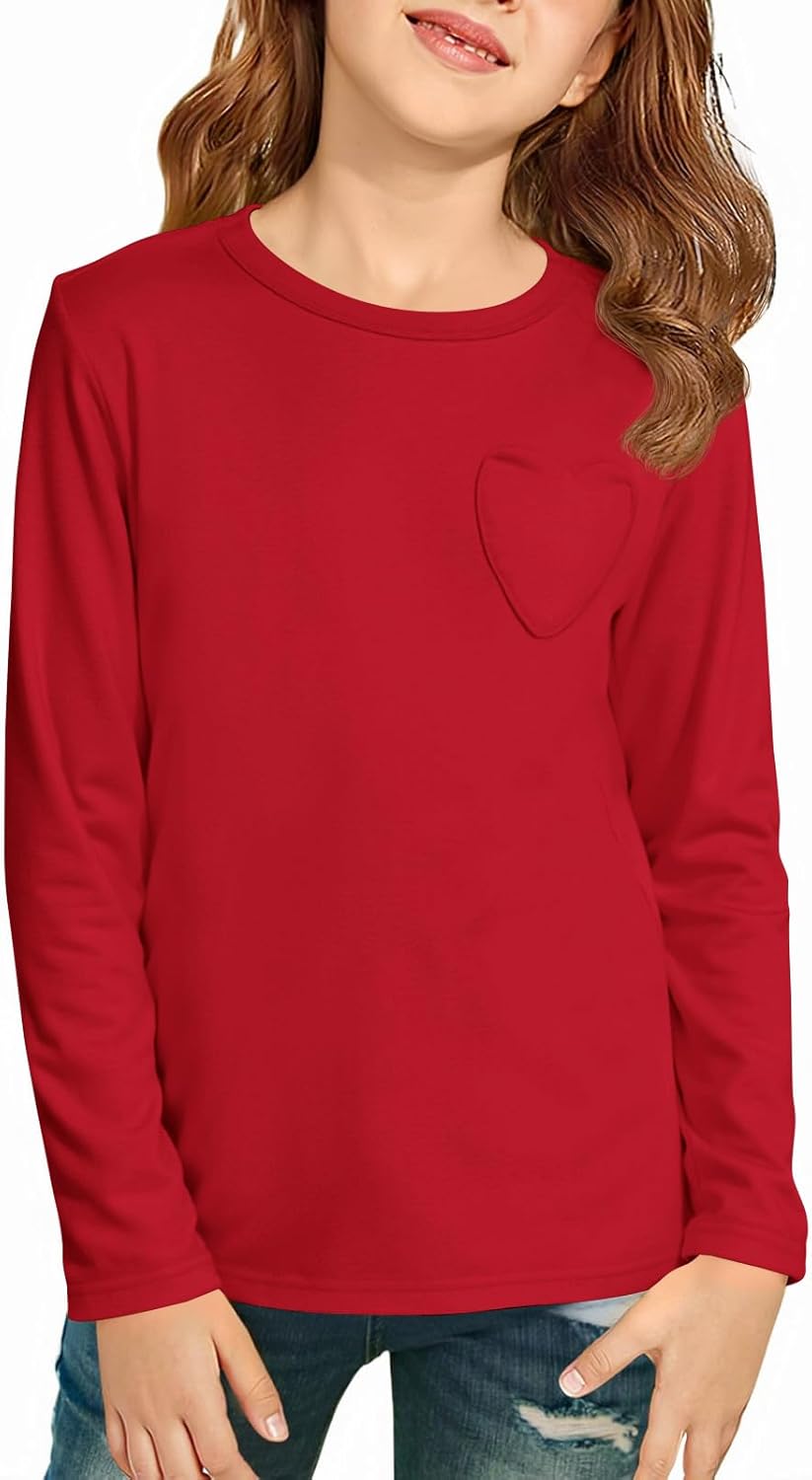Haloumoning Girls Long Sleeve Heart Pocket T-Shirts Kids Cute Fall Tops Crewneck Basic Tees 5-14 Years