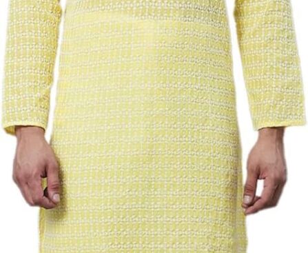 Men’s Pure 100% Cotton Kurta Pyjama Set with White Embroidery