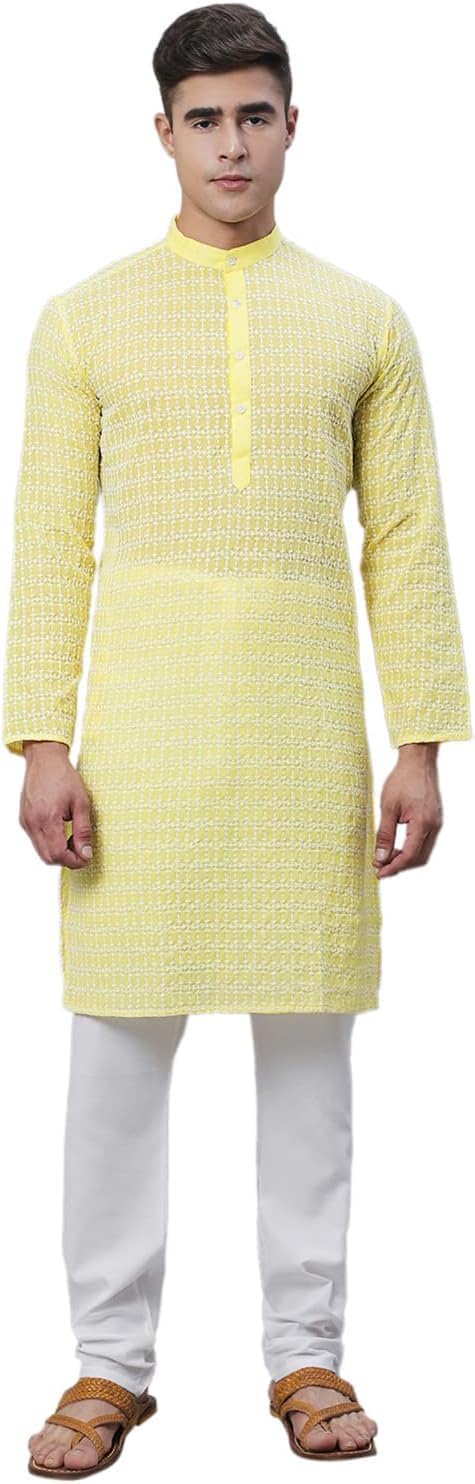 Men’s Pure 100% Cotton Kurta Pyjama Set with White Embroidery