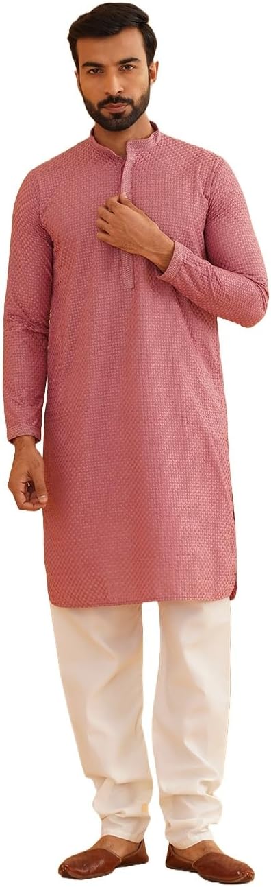 Sojanya (Since 1958 Men’S Cotton Checked Embroidered Kurta With Churidar Pyjama