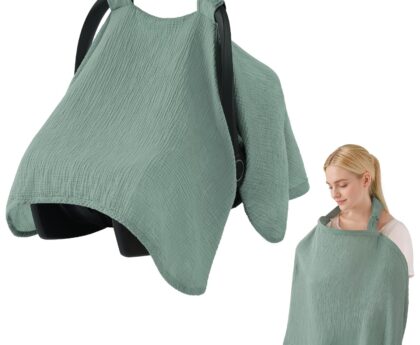 Blissful Diary 2-in-1 Muslin Baby Car Seat Cover, Multi-use Nursing Cover for Breastfeeding, Breathable Infant Car Seat Cover Canopy – Roman Green