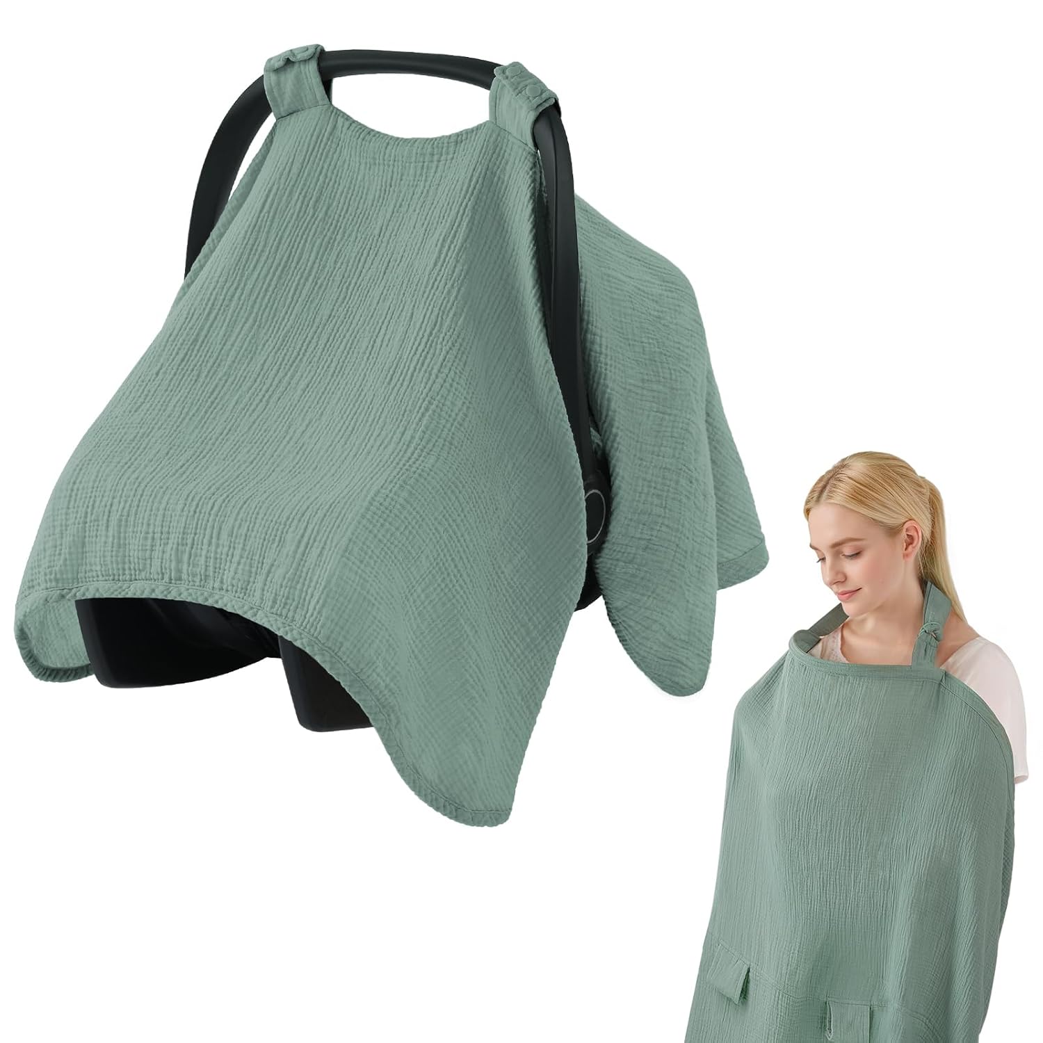 Blissful Diary 2-in-1 Muslin Baby Car Seat Cover, Multi-use Nursing Cover for Breastfeeding, Breathable Infant Car Seat Cover Canopy – Roman Green