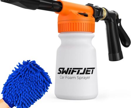 SwiftJet Car Wash Foam Gun + Microfiber Wash Mitt – Foam Cannon Works with Any Soap – Garden Hose Car Foam Sprayer – Car Wash Kit – Car Accessories Foam Blaster (Orange Foam Gun with Mitt)